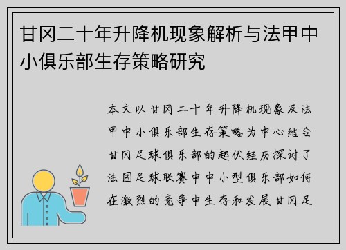 甘冈二十年升降机现象解析与法甲中小俱乐部生存策略研究